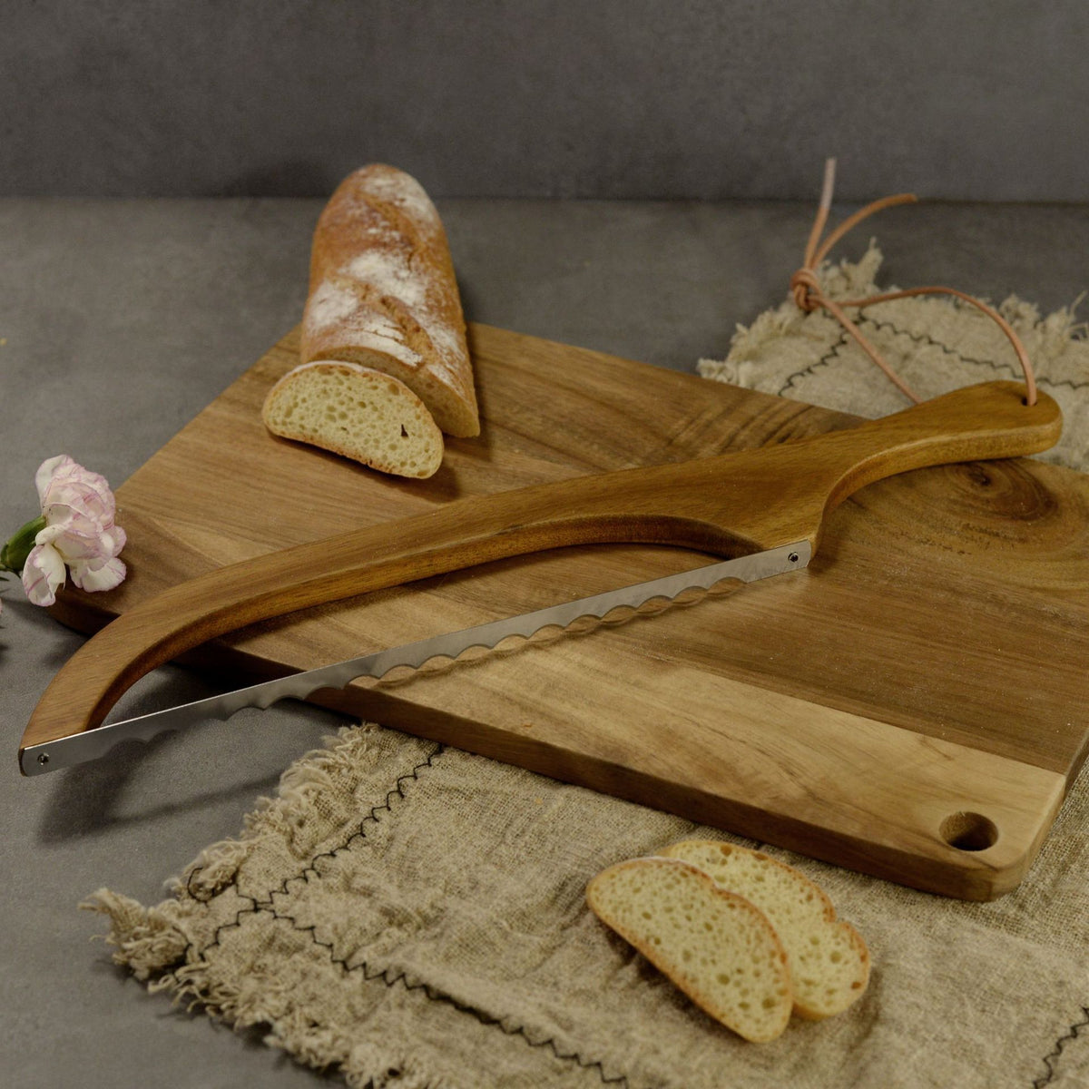 Bread Bow Knife | 2PCS | Artisan Wooden | Serrated Stainless Steel | Khaki