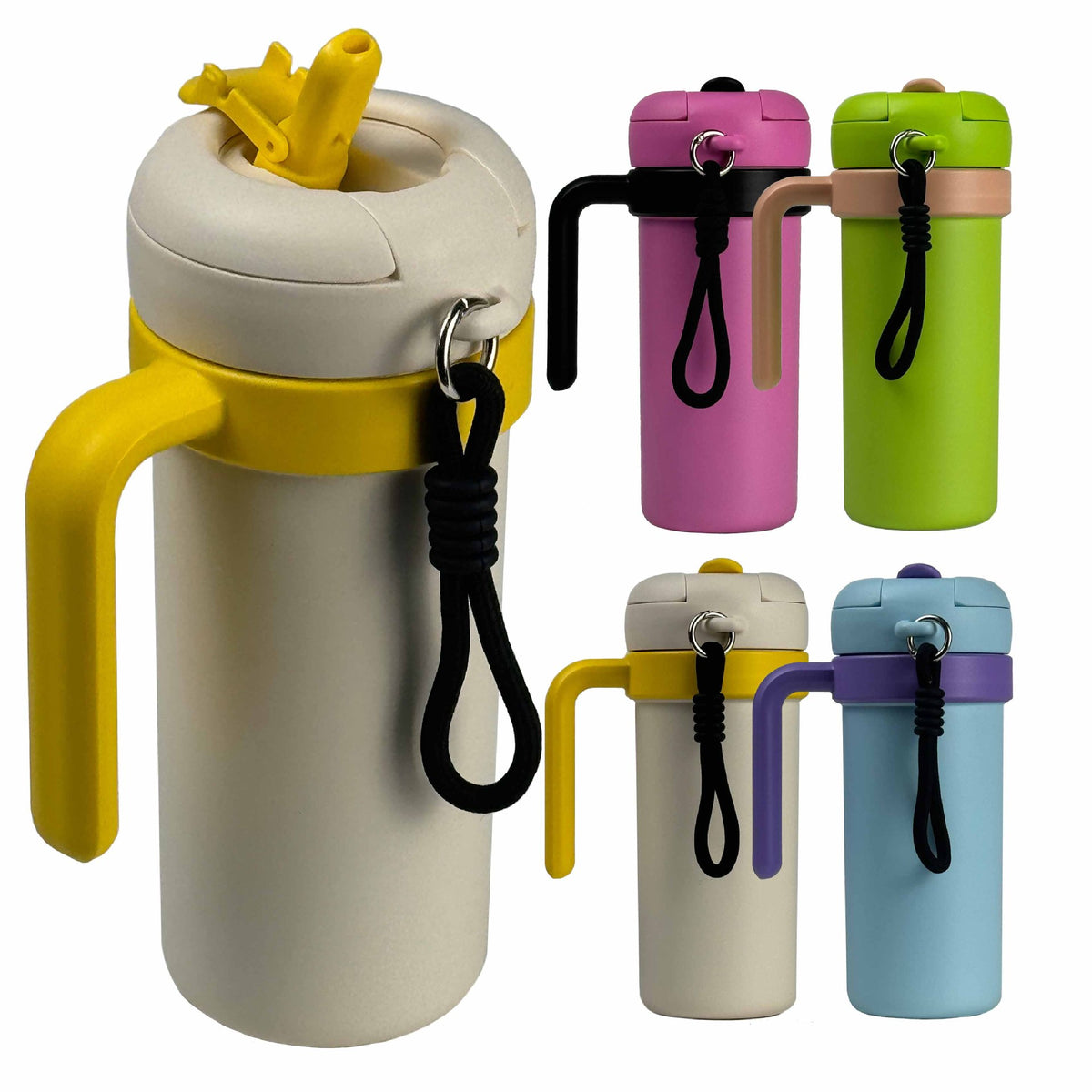 Insulated Stainless Steel Tumbler 700ml | Dual-Sip Lid, Handle, Straw & Tea Infuser | Beige & Yellow