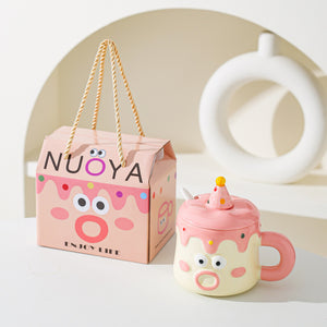 Ceramic Mug Set | Cartoon Character Cake Design with Lid & Spoon | 420ml | Pink