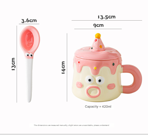 Ceramic Mug Set | Cartoon Character Cake Design with Lid & Spoon | 420ml | Pink