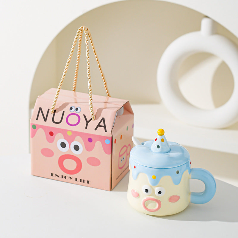 Ceramic Mug Set | Cartoon Character Cake Design with Lid & Spoon | 420ml | Blue