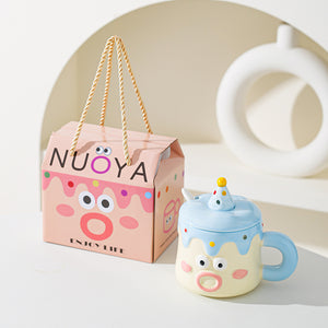 Ceramic Mug Set | Cartoon Character Cake Design with Lid & Spoon | 420ml | Blue