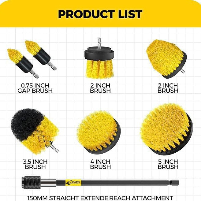 Drill Brush Power Scrubber Set 7PC | Yellow & Black | All-Purpose Cleaning Kit