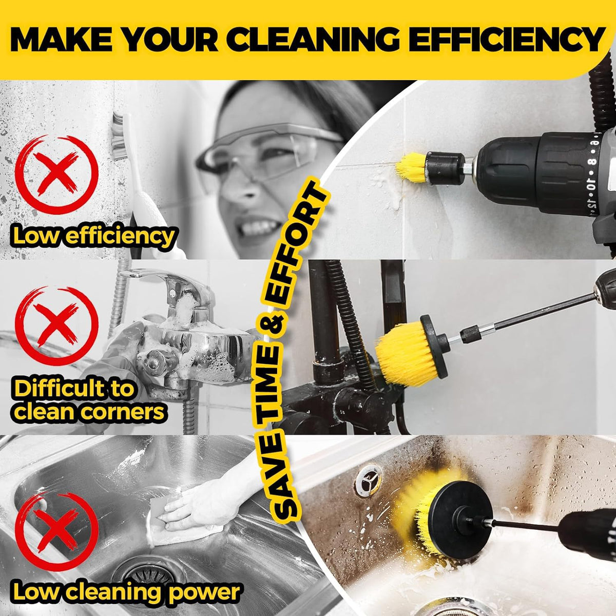 Drill Brush Power Scrubber Set 7PC | Yellow & Black | All-Purpose Cleaning Kit
