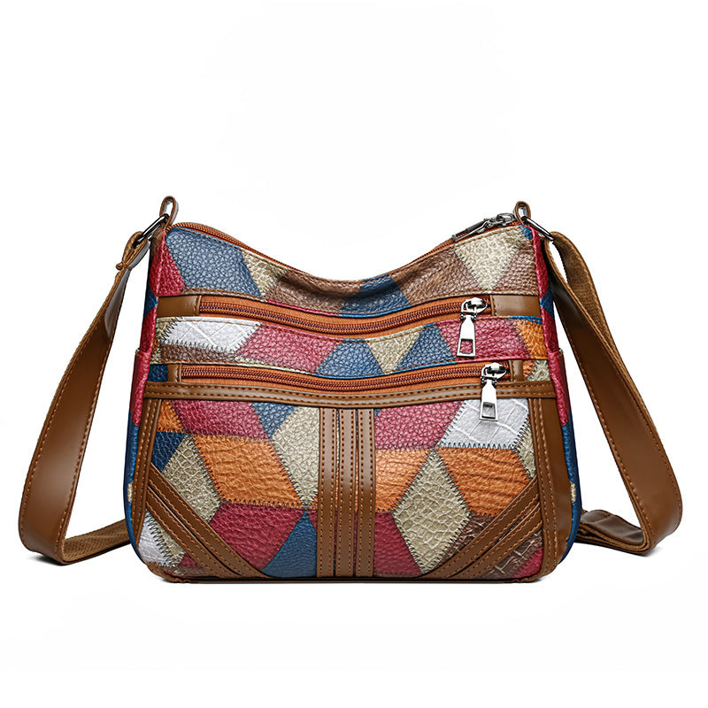 Women's Crossbody Bag | Colorful Vintage Geometric Patchwork | Multi-Pocket PU Leather Purse