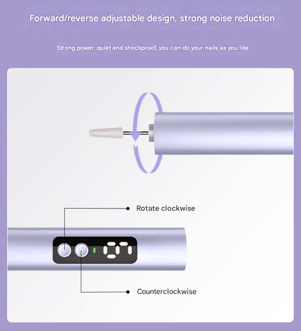 Professional Electric Nail File Kit | Portable USB-C Rechargeable Manicure Drill | 6 Speeds & 5 Heads | Purple