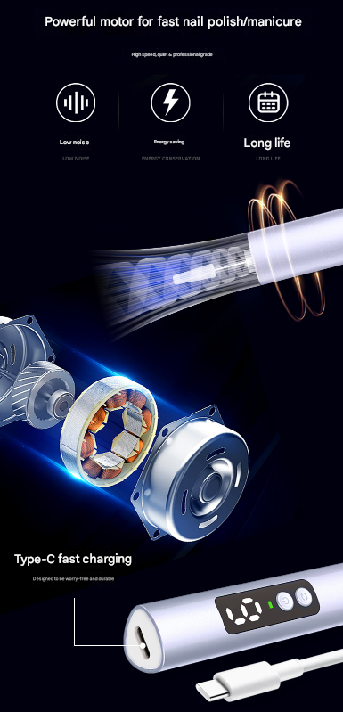 Professional Electric Nail File Kit | Portable USB-C Rechargeable Manicure Drill | 6 Speeds & 5 Heads | Purple