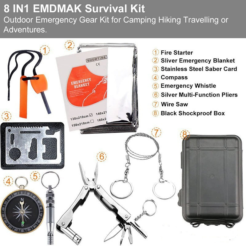Emergency Survival Kit 8-in-1 | Compact Outdoor Gear | Camping, Hiking & Car Use | Black