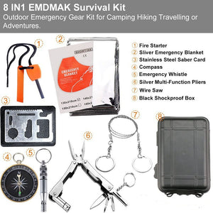 Emergency Survival Kit 8-in-1 | Compact Outdoor Gear | Camping, Hiking & Car Use | Black