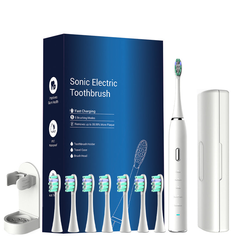 Sonic Electric Toothbrush | Rechargeable with 8 Heads & Travel Case | 5 Modes | White