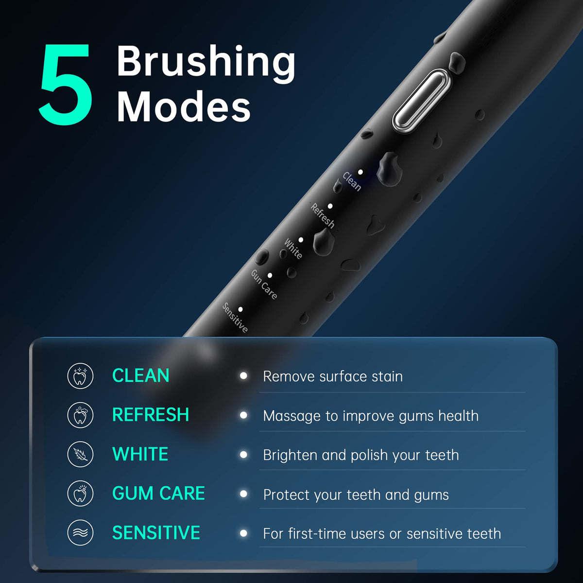Sonic Electric Toothbrush | Rechargeable with 8 Heads & Travel Case | 5 Modes | Black