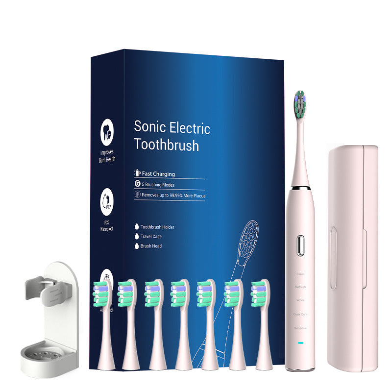 Sonic Electric Toothbrush | Rechargeable with 8 Heads & Travel Case | 5 Modes | Pink