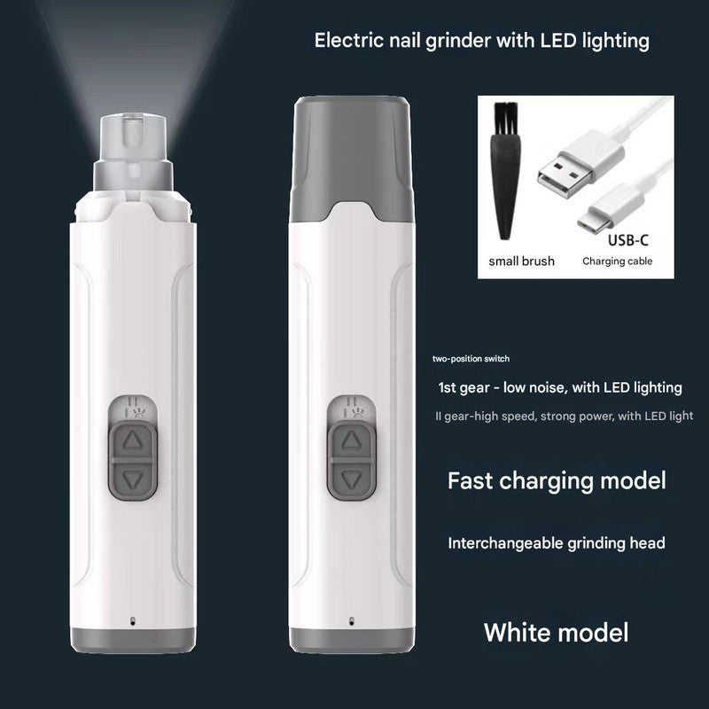 Pet Nail Grinder | Quiet Electric with LED Light | 2-Speed USB-C Rechargeable | White