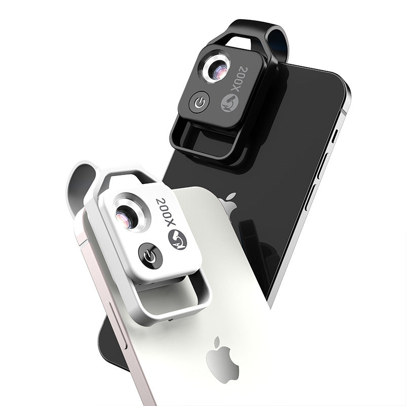 Clip-On Microscope Lens 200X | Portable for Smartphone | HD Magnifier with CPL Filter & LED | Black