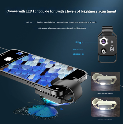 Clip-On Microscope Lens 200X | Portable for Smartphone | HD Magnifier with CPL Filter & LED | Black