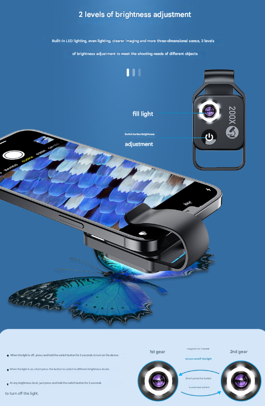 Clip-On Microscope Lens 200X | Portable for Smartphone | HD Magnifier with CPL Filter & LED | Black