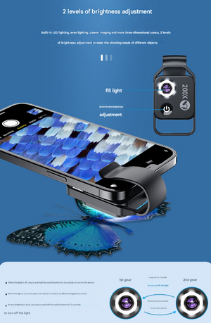 Clip-On Microscope Lens 200X | Portable for Smartphone | HD Magnifier with CPL Filter & LED | Black