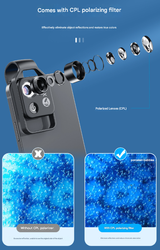 Clip-On Microscope Lens 200X | Portable for Smartphone | HD Magnifier with CPL Filter & LED | Black