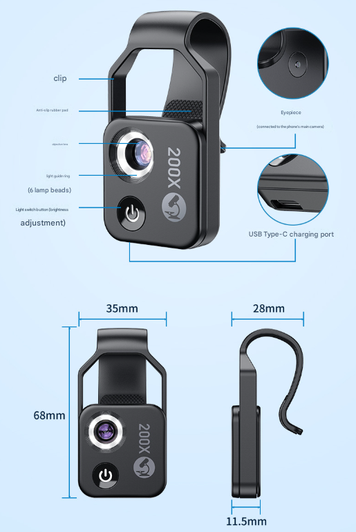 Clip-On Microscope Lens 200X | Portable for Smartphone | HD Magnifier with CPL Filter & LED | Black