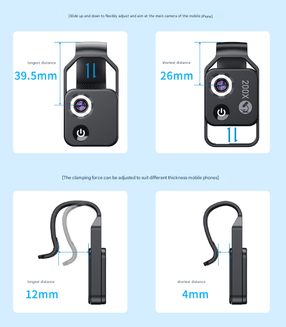 Clip-On Microscope Lens 200X | Portable for Smartphone | HD Magnifier with CPL Filter & LED | Black
