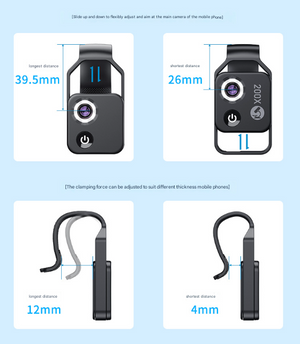 Clip-On Microscope Lens 200X | Portable for Smartphone | HD Magnifier with CPL Filter & LED | Black