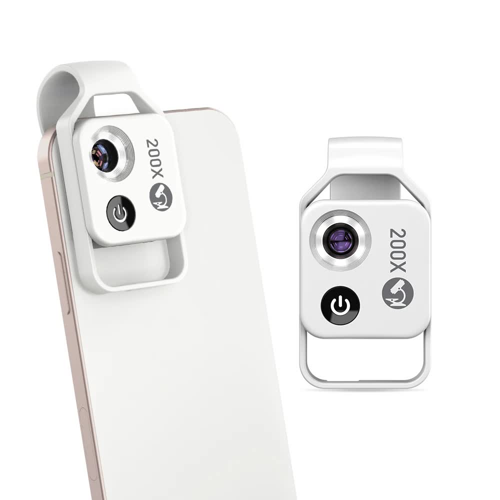 Clip-On Microscope Lens 200X | Portable for Smartphone | HD Magnifier with CPL Filter & LED | White