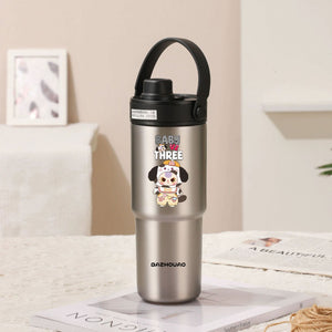 Ceramic-Lined Insulated Tumbler 30oz | Silver - Baby 3 Design | Handle | Stainless Steel Travel Mug
