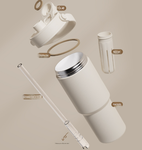 Ceramic-Lined Insulated Tumbler 30oz | Beige - Baby 3 Design | Handle | Stainless Steel Travel Mug