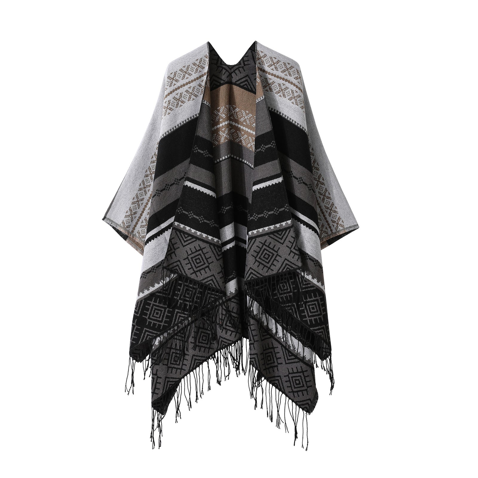 Boho Fringe Shawl Cloak | Black-Grey | 160x135cm | Inner Mongolia Double-Sided Scarf