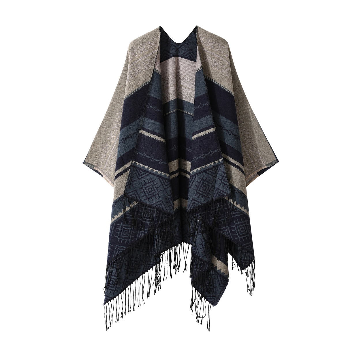 Boho Fringe Shawl Cloak | Navy Blue | 160x135cm | Inner Mongolia Double-Sided Scarf