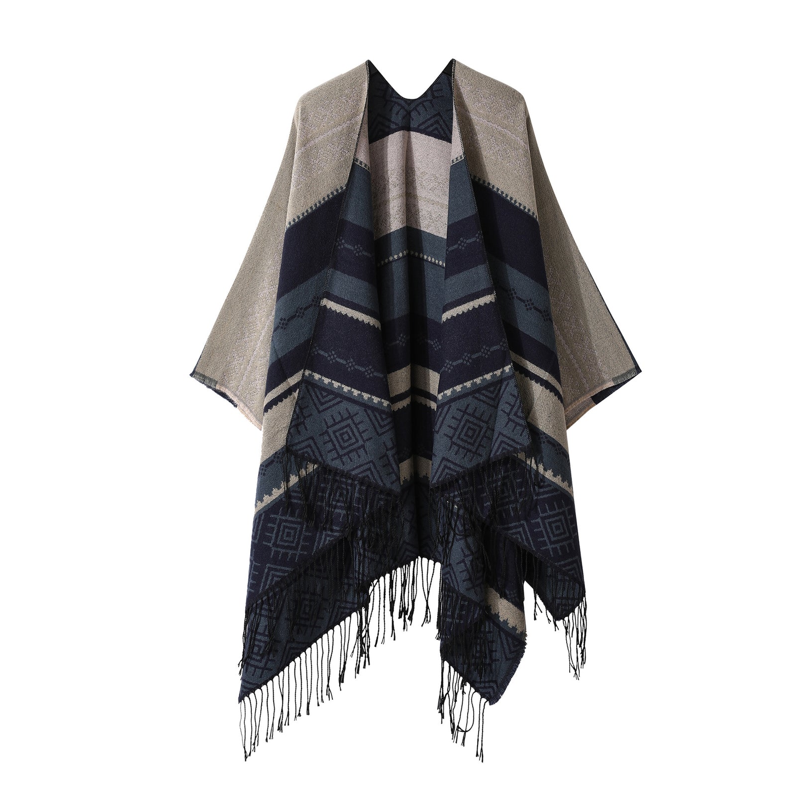 Boho Fringe Shawl Cloak | Navy Blue | 160x135cm | Inner Mongolia Double-Sided Scarf