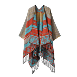 Boho Fringe Shawl Cloak | Blue Orange | 160x135cm | Inner Mongolia Double-Sided Scarf