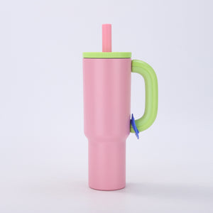 Macron Stainless Steel Tumbler 40oz | Pink | Handle & Straw | Large Capacity Car Travel Mug