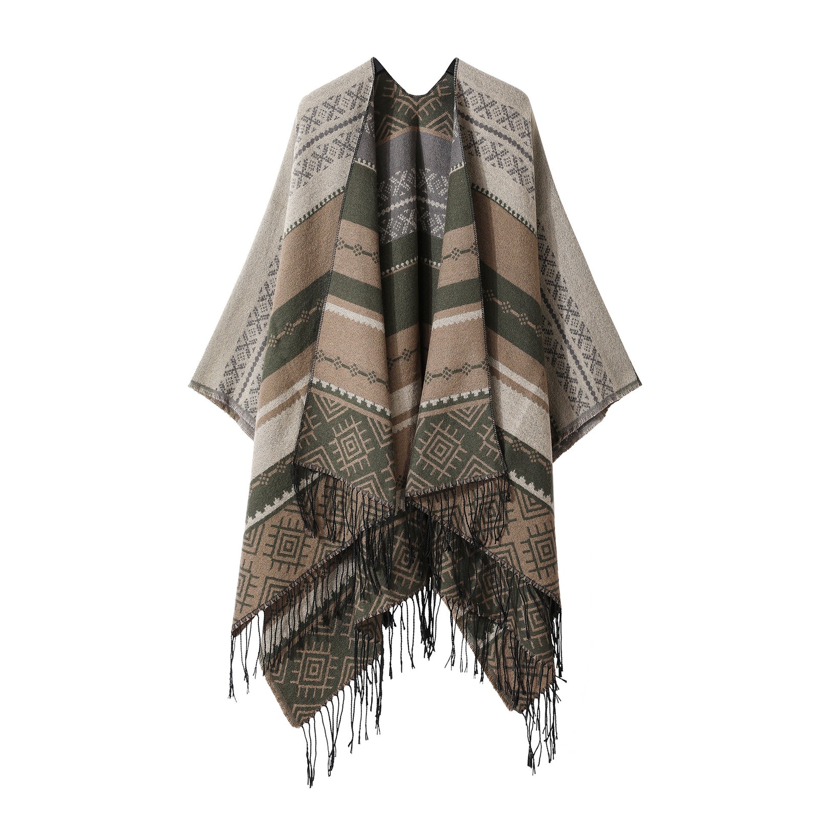 Boho Fringe Shawl Cloak | Grey Coffee | 160x135cm | Inner Mongolia Double-Sided Scarf