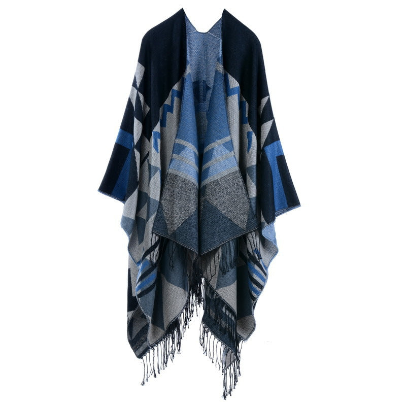 Boho Fringe Shawl Cloak | Black Blue | 160x135cm | Inner Mongolia Double-Sided Scarf