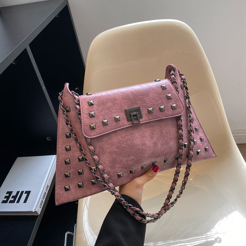 Women’s Shoulder Bag | Retro Studded Envelope | Chain Strap | Pink | Crossbody Tote