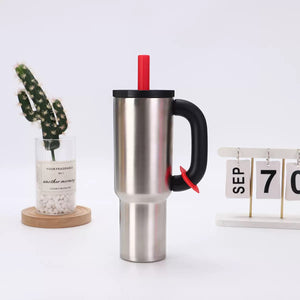 Macron Stainless Steel Tumbler 40oz | Steel Colour | Handle & Straw | Large Capacity Car Travel Mug