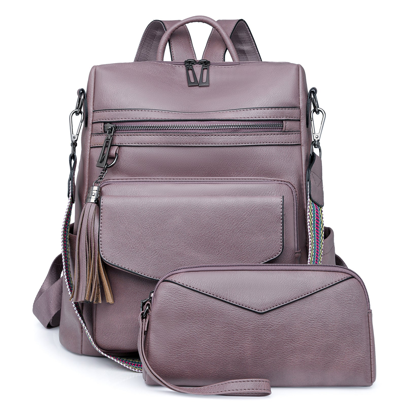 Women’s Retro PU Leather Backpack | Dual-Colour Tassel | High-End Winter Style | Light Purple