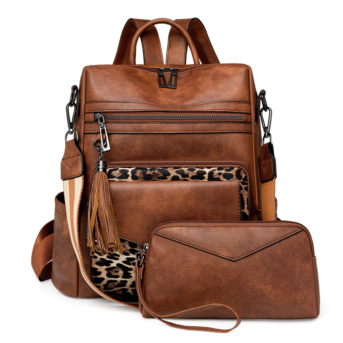 Women’s Retro PU Leather Backpack | Dual-Colour Tassel | High-End Winter Style | Brown Leopard