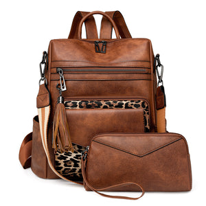 Women’s Retro PU Leather Backpack | Dual-Colour Tassel | High-End Winter Style | Brown Leopard