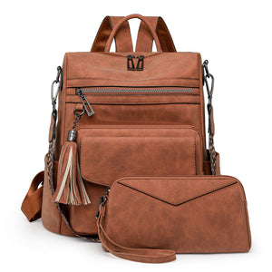 Women’s Retro PU Leather Backpack | Dual-Colour Tassel | High-End Winter Style | Sheepskin Brown