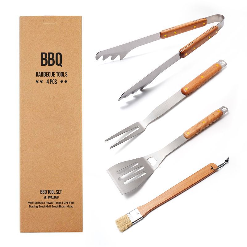 BBQ Tool Set | 4-Piece | Premium Rubberwood Handles | Kraft Gift Box