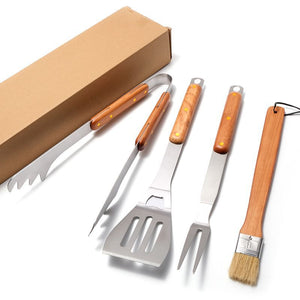 BBQ Tool Set | 4-Piece | Premium Rubberwood Handles | Kraft Gift Box