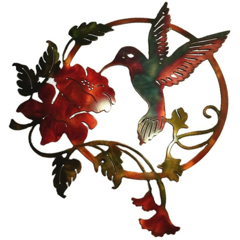 Round Metal Wall Art | Set of 2 | Hummingbird & Flower Sculptures | Indoor & Outdoor | Red