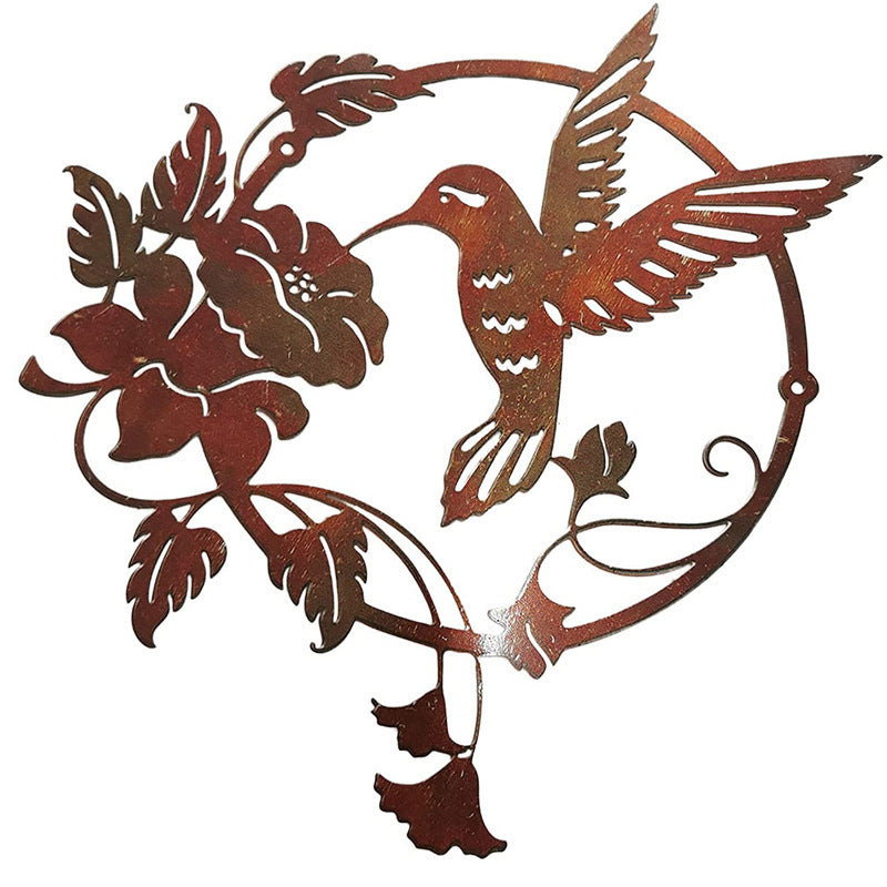 Round Metal Wall Art | Set of 2 | Hummingbird & Flower Sculptures | Indoor & Outdoor | Brown