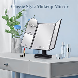 LED Tri-Fold Vanity Mirror | Lighted with 2X/3X/10X Magnification | Black Finish