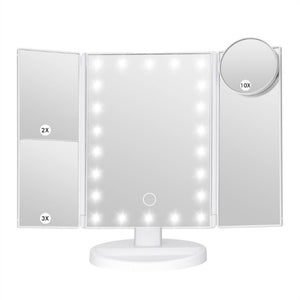 LED Tri-Fold Vanity Mirror | Lighted with 2X/3X/10X Magnification | White Finish