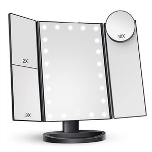 LED Tri-Fold Vanity Mirror | Lighted with 2X/3X/10X Magnification | White Finish