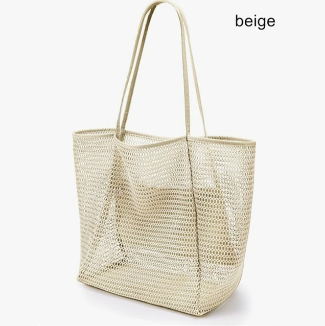 Mesh Beach Tote Bag | Large Size | Lightweight & Foldable | Zipper Pocket | Beige