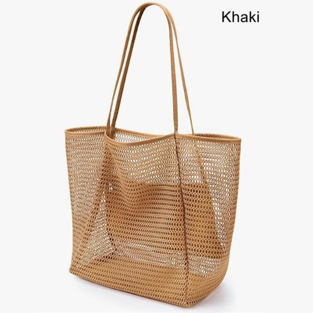 Mesh Beach Tote Bag | Large Size | Lightweight & Foldable | Zipper Pocket | Khaki